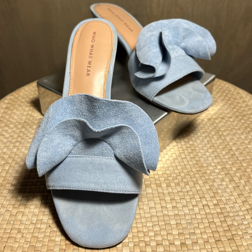 Who What Wear Light Blue Suede Ruffle Slide Sandals